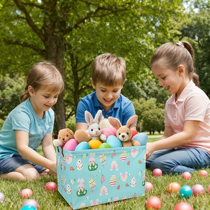 Large Rectangular Cute Kid Easter Basket Empty Bunny Eggs Easter Basket Gift Spring Room Storage Organizer Décor (Rabbit Easter Egg With Blue Background)
