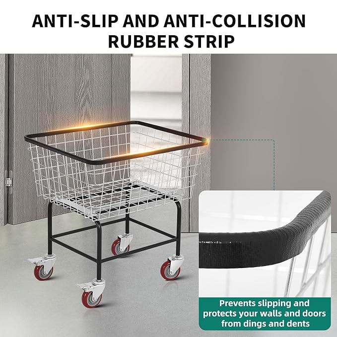 4.5-Bushel Rolling Laundry Cart with Wheels Durable Metal Wire Laundry Basket Heavy-Duty Large Steel Storage Basket with Galvanized Finish, for Commercial or Home Laundry Use