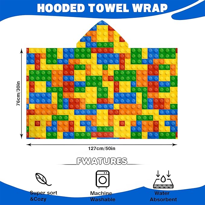 Hooded Towels for Kids -Toddler Beach Towel- Super Absorbent & Quick Dry 100% Cotton 30x50 Inch - to Kid Ages 3-10-Building Block Swim Towels