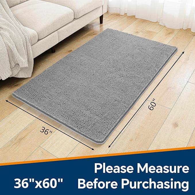 Gray Bathroom Rugs 36"x60" - Large Plush Chenille Non-Slip Runner Bath Mat - Absorbent, Washable, Soft Decor for Shower, Sink, Tub, Floor, Home Accessories