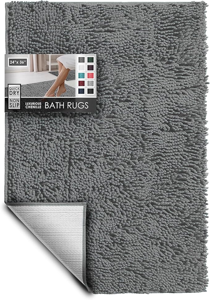 Hearth & Harbor Bathroom Rugs, Chenille Bath Mat - Machine Washable Bath Mats for Bathroom Non-Slip Backing Rubber, Quick Dry Bathroom Mat, 24 x 36 - Frost Grey