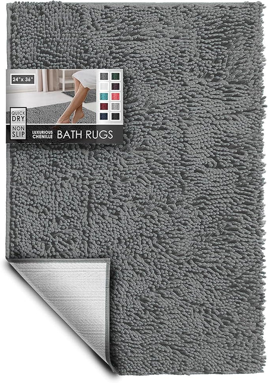 Hearth & Harbor Bathroom Rugs, Chenille Bath Mat - Machine Washable Bath Mats for Bathroom Non-Slip Backing Rubber, Quick Dry Bathroom Mat, 24 x 36 - Frost Grey