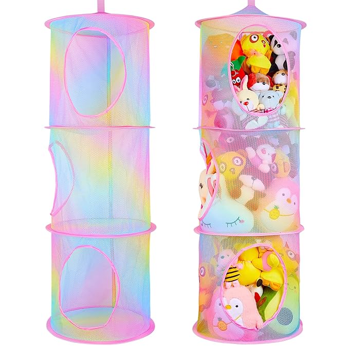 Basumee Stuffed Animals Net or Hammock 2 Pcs Stuffed Animals Storage Toy Net Hammock for Plushies Storage Organizer Mesh Kids Girls Room Decor, Rainbow, 3 Tiers