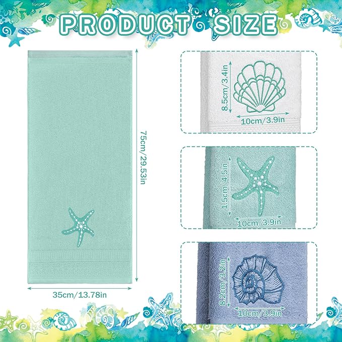3 Pack Coastal Hand Towels for Bathroom 100% Cotton Embroidered Beach Bathroom Towels 13.8 x 29.5'' Seashell Starfish Conch Blue Finger Towel Nautical Decorative Towel Gift for Summer Holiday