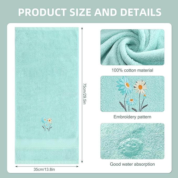 2 Pcs Daisy Hand Towels Teal Flower Bathroom Decor 14x29 Inch Embroidered 100% Cotton Soft Absorbent Spring Summer Decorative Daisy Hand Towels for Bathroom Kitchen