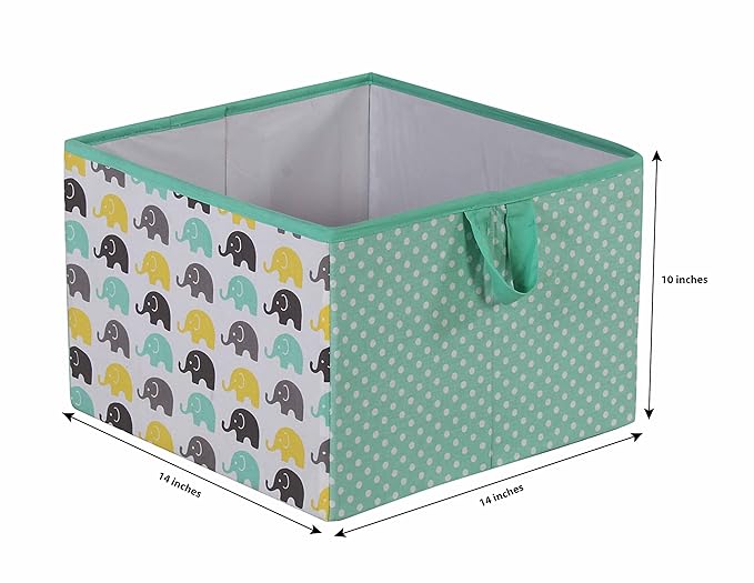Bacati - Large Storage Tote Elephants Mint/Yellow/Grey14 x 14 x 10 inches