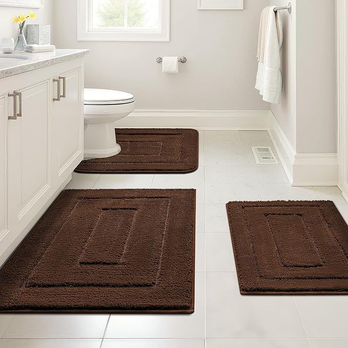 GRANNY SAYS Bathroom Rugs Sets 3 Piece, Soft Absorbent Microfiber Bath Mats for Bathroom Non Slip Washable, U-Shaped Toilet Bath Rugs for Tub Shower (Brown, 16" x 24" + 20" x 32" + U Shaped 20" x 24")