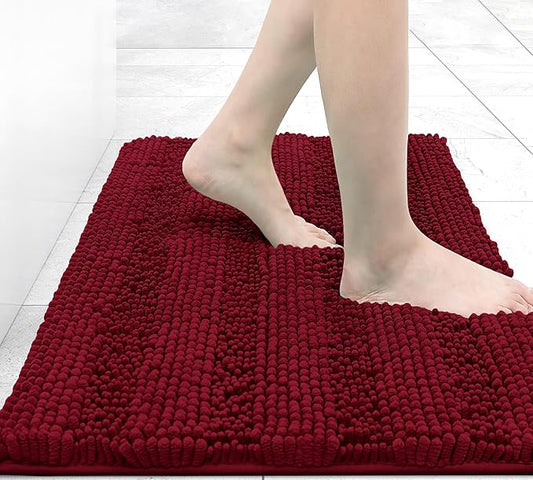 Grandaily Chenille Striped Bathroom Rugs 24x16, Extra Thick and Absorbent Bath Mats, Non-Slip Soft Plush Shaggy Shower Carpet, Machine Wash Dry, Bath Rug for Bathroom, (Small, Red)