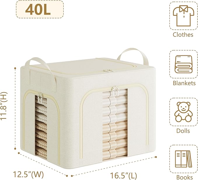 Pinkpum 3 Pack Clothes Storage Bins with Metal Frame, Closet Organizers and Storage Boxes, Stackable & Foldable Clothes Organizer Bags with Large Clear Window & Long Carry Handles, Beige 40L