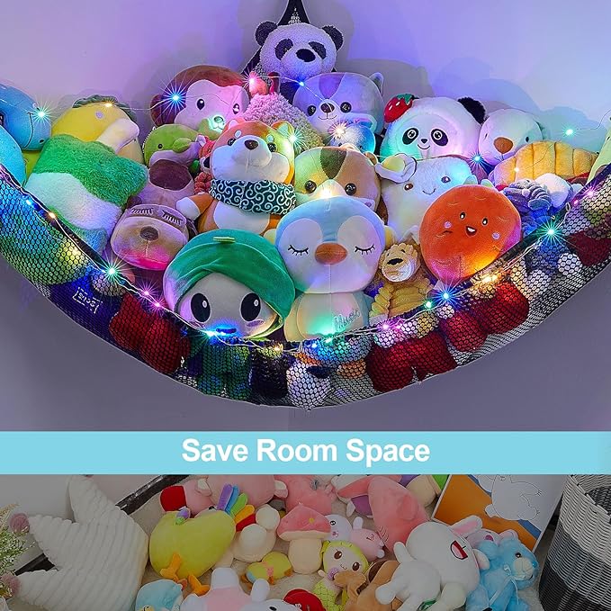 Unicorn Castle Stuffed Animals Net or Hammock Kids Toy Storage Organizer with LED Light Hanging Corner Stuffed Animals Holder Kids Girls Room Decor,Black,Large (Pack of 1)