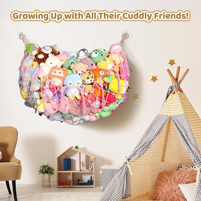 Yecaye 60 IN Stuffed Animal Net Hammock Large, Hanging Stuffed Animal Storage with Handmade Macrame Tassels, Net for Stuffed Animals Corner Large for Nursery Living Room Wall Decoration, Fairy Pink