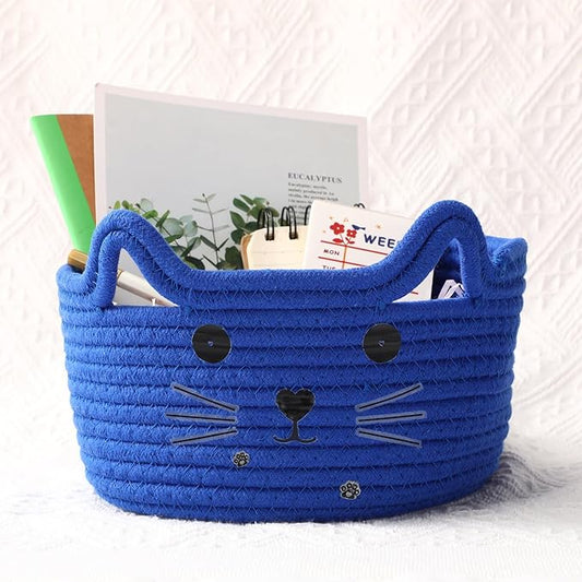 Zopeal Cat Basket Storage Woven Organizer with Ears Christmas Decorative Pet Toy Cute Cotton Rope Basket for Gift Cat Dog Toy Bin Nursery Room(8.3 x 4.7 Inch,Royal Blue)