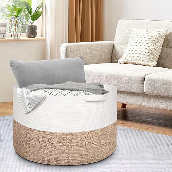 115L Super Large Blanket Basket, Kids Dog Toy Storage Bin Box, Oversized Nursery Baby Toy Organizer, Cotton Rope Woven Bin, XXXL Jumbo Basket for Blankets for Living Room, 23.6"x15.7", Brown
