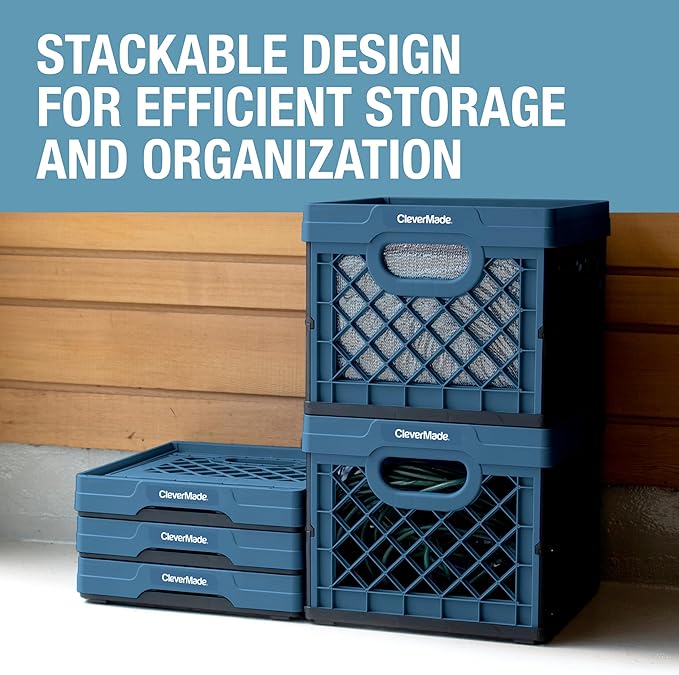 CleverMade Collapsible Milk Crate 25L (6.6 Gal) 3 Pack, 50 lb Heavy Duty Folding Crate – Stackable Storage Crates with File Rails, Plastic Collapsible Crates for Storage - Ocean