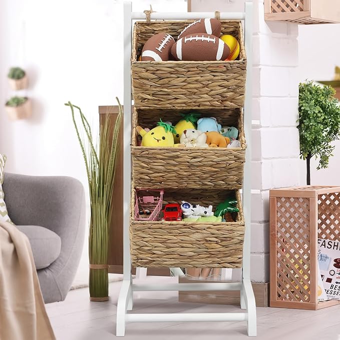 Menkxi Wicker 3 Tier Foldable Storage Basket Floor Rack with Market Storage Basket Water Hyacinth Storage Rack Hand Woven Laundry Rack for Bathroom Kitchen Laundry Room Living Room Storage(White)