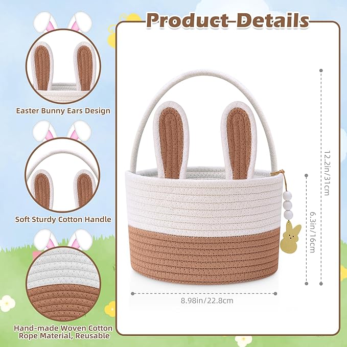 Easter Baskets for Kids, Small Bunny Personalized Easter Basket Empty with Handle, Basket Name Tags, Woven Rope Baby Easter Egg Baskets for Babies Girls Boys Toddler Infant, 9" x 9" x 6.3"