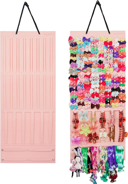 Hair Bow Organizer for Girls, Baby Hair Clips Holder Wall Hanging, Large Felt Bow Storage Display for Girls Hair Bows & Claw Clips, Ribbons, Headbands – Nursery Room Decor (Pink)