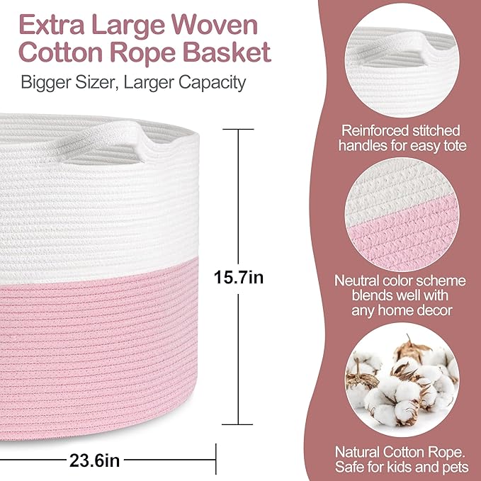 115L Pink Basket for Organizing, 23.6“x15.7" XXXL Blanket Storage for Living Room, Extra Large Toy Box, Soft Woven Cotton Rope Bin, Decorative Baby Nursery Basket, Girls Pink Room Decor