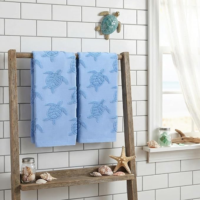 2 Pcs Sea Turtle Hand Towels for Bathroom 100% Cotton Jacquard Weave Hand Towels Ocean Blue Soft Absorbent for Spring Summer Kitchen Bathroom Home Decor, 29.5 x 13.8 Inch