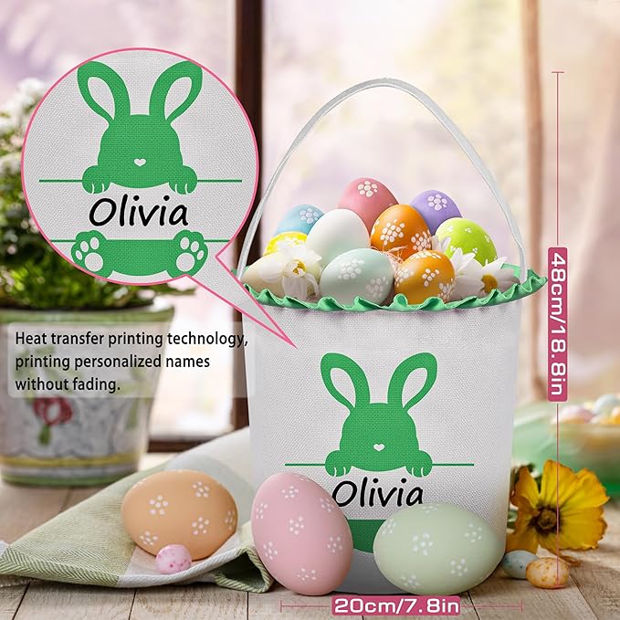 Easter Baskets for Girls Boys, Personalized Easter Basket with Name - Cute Green Bunny