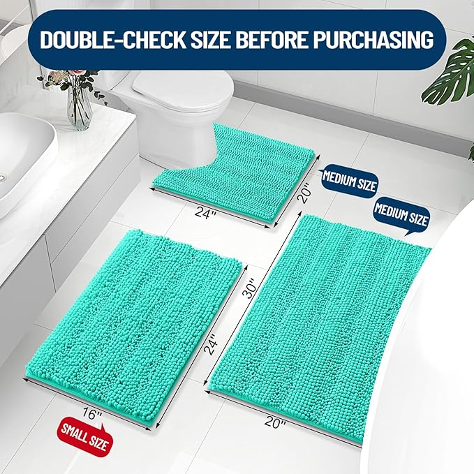 Grandaily Chenille Striped Bathroom Rugs 59x20, Extra Thick and Absorbent Bath Mats, Non-Slip Soft Plush Shaggy Shower Carpet, Machine Wash Dry, Bath Rug for Bathroom, Teal