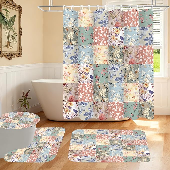 4Pcs Boho Shower Curtain Set Vintage Floral Bathroom Sets with Rugs Patchwork Floral Shower Curtain with 12 Hooks