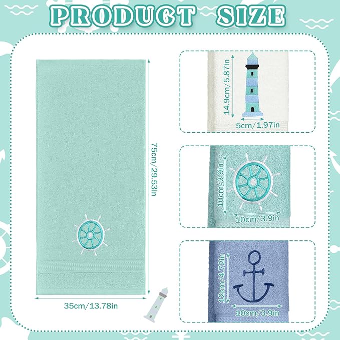 3 Pack Nautical Hand Towels for Bathroom 100% Cotton Embroidered Beach Bathroom Towels 13.78 x 29.53 Inch Soft Absorbent (White Green Blue, Lighthouse)