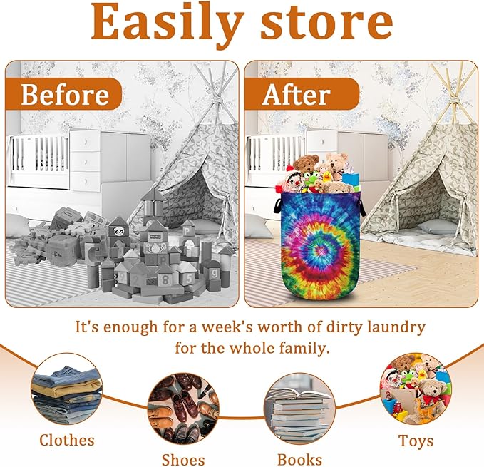 Colorful Tie Dye Laundry Basket with Sturdy Handles, Collapsible Oxford Cloth Laundry Hamper Organizer Basket for Bathroom Bedroom 15.7x20 Inch