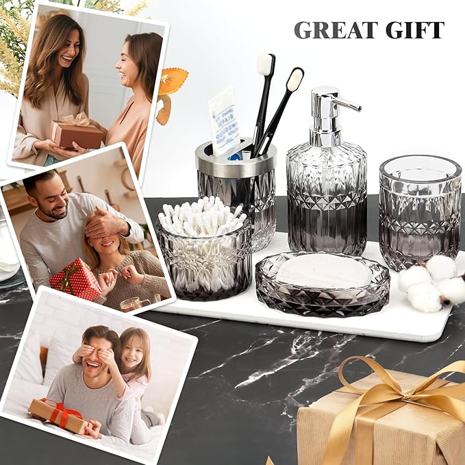 5-Piece Bathroom Accessory Set, Diamond Glass Bathroom Soap Lotion Dispenser, Toothbrush Holder, Tray, Jar, Tumbler, Luxury Vanity Organizer, Elegant Home Decor