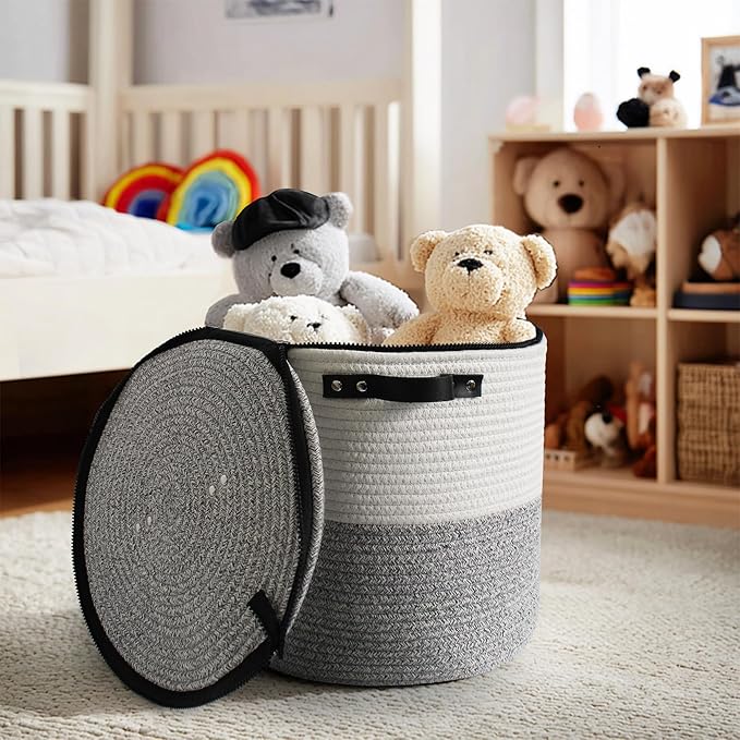 Large Basket with Lid, 18"x14" Woven Blanket Storage for Living Room, Round Cotton Rope Storage Bin with Zipper Top, Shoe Basket with Lid for Entryway, Floor Kids Dog Toy Bin Box with Cover
