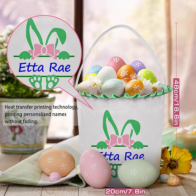 Easter Baskets for Girls Boys, Personalized Easter Basket with Name - Green Bow Bunny