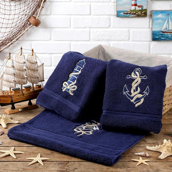 3 Pack Coastal Nautical Hand Towels for Bathroom 100% Cotton Embroidered Anchor Sailboat Lighthouse Beach Bathroom Towels 13.78 x 29.53 Inch Soft Absorbent, Navy Blue