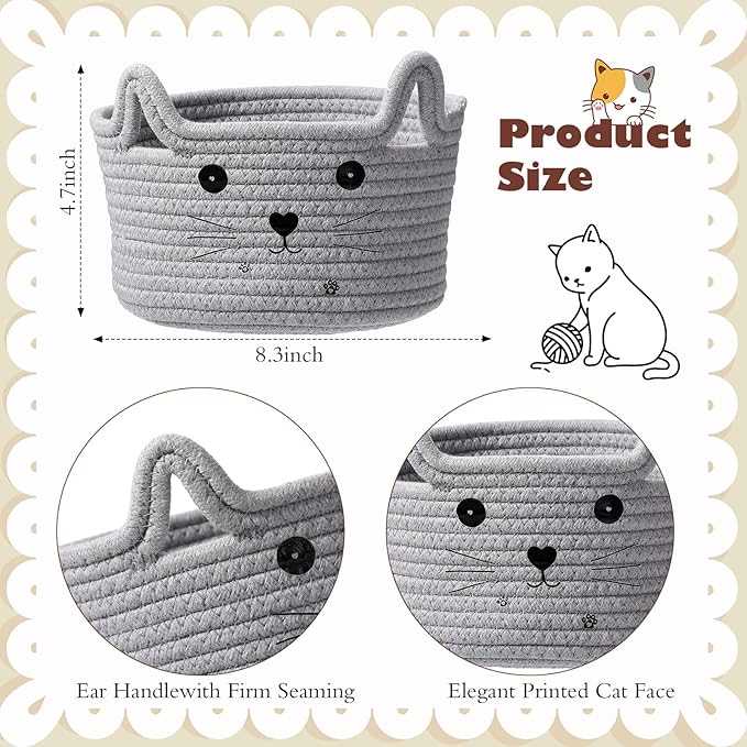 Zopeal Cat Basket Storage Woven Organizer with Ears Christmas Decorative Pet Toy Cute Cotton Rope Basket for Gift Cat Dog Toy Bin Nursery Room(8.3 x 4.7 Inch,Light Gray)
