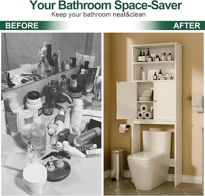 Walsunny Over The Toilet Storage Cabinet, Bathroom Organizer with Open Shelves and Double Doors, Space Saving Toilet Storage