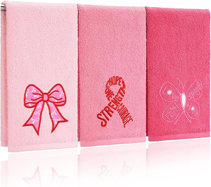 3 Pack Breast Cancer Awareness Gifts Hand Towels 13.4 x 29.2 Inch Cotton Embroidered Faith Hope Love Strength Bathroom Towel Absorbent Dish Tea Towels for Kitchen Decor
