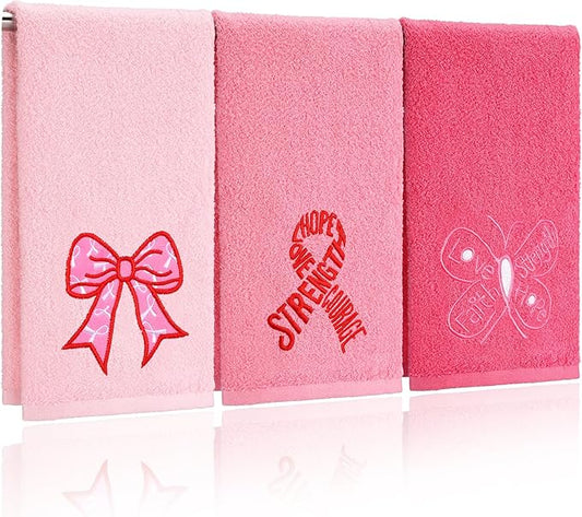3 Pack Breast Cancer Awareness Gifts Hand Towels 13.4 x 29.2 Inch Cotton Embroidered Faith Hope Love Strength Bathroom Towel Absorbent Dish Tea Towels for Kitchen Decor