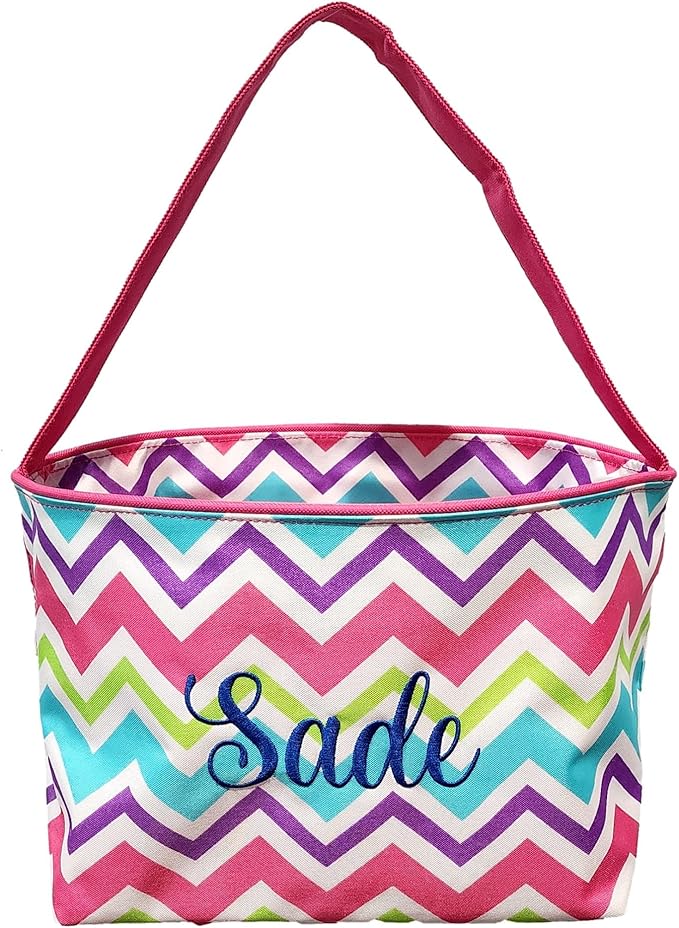 ZIg Zag Chevron Material Easter Basket Bucket for Toys Egg Hunting Party (Pink Chevron with Embroidered Name)