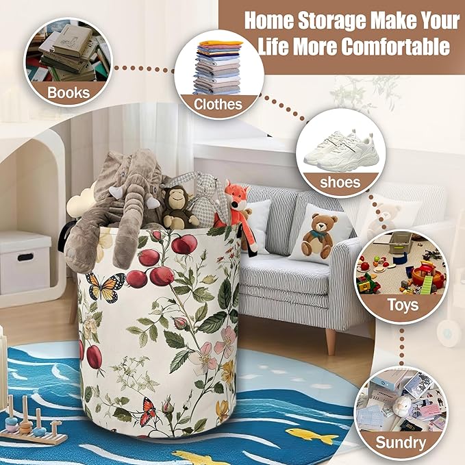 Vintage Flower Butterfly Laundry Baskets,Botanical Floral Laundry Hamper,Storage Basket with Handles for Bathroom Bedroom College Dormitory Living Room Nursery Organizer 16"x20.8"