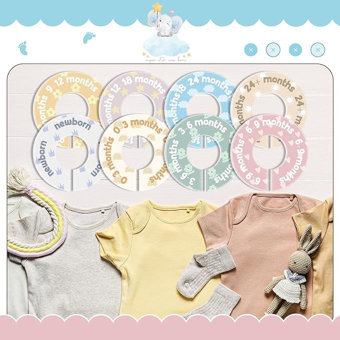 BreezeHug Baby Closet Dividers for Clothes 8 Pack Round Double-sided Size Markers from Newborn to 24+ Months Nursery Closet Organizer Decor Cute Hanger Dividers Fits Most Rods