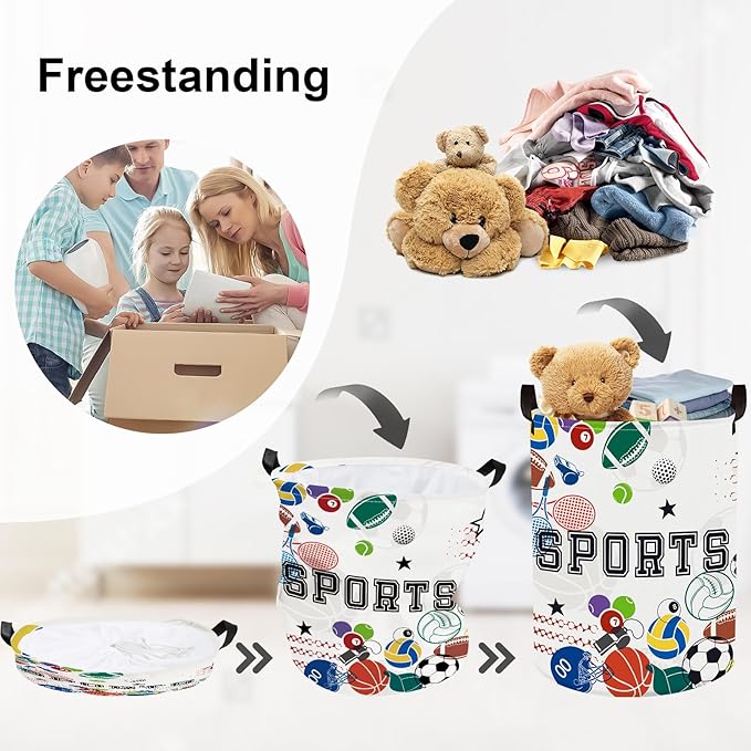 Sports Balls Baby Laundry Hamper Collapsible Clothes Kids Storage Basket Large Boys Gift Toy Box Bin for Play Room, White, 63L