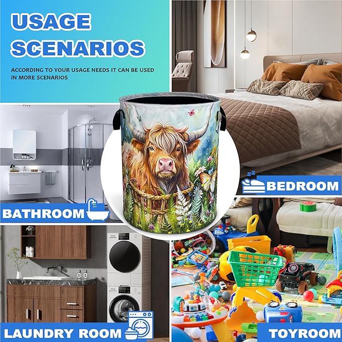 Highland Cow Laundry Basket Longhorn Cattle Oxford Cloth Laundry Hamper With Handle Foldable Portable Clothes Storage Basket 18.9 X 16.5 Inch Storage Bag For Laundry Room/Bathroom/Bedroom