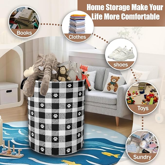 Black White Plaid Laundry Basket,Waterproof Foldable Cat Paws Laundry Hamper,Dirty Clothes Basket, Linen Bin Storage Organizer Collection 16" x 20.8"