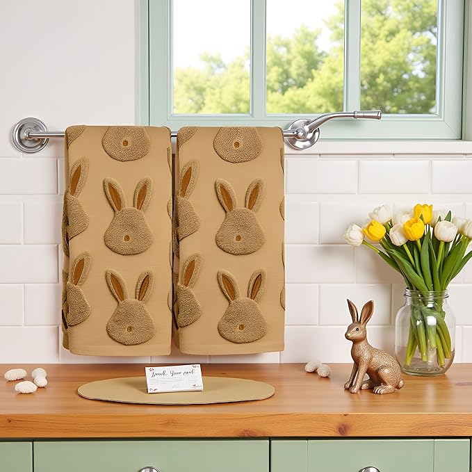 2pcs Easter Bunny Hand Towels Set 100% Cotton Soft Absorbent Spring Bathroom Hand Towels 14x29 Inch Cute Jacquard Easter Kitchen Decor Towels Holiday Kitchen Bathroom Decor Gift(Brown)