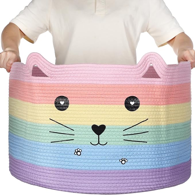 Zopeal Cat Basket Storage Woven Organizer with Ears Christmas Decorative Pet Toy Cute Cotton Rope Basket for Gift Cat Dog Toy Bin Nursery Room(21.7 x 13.8 Inch,Macaron Color)