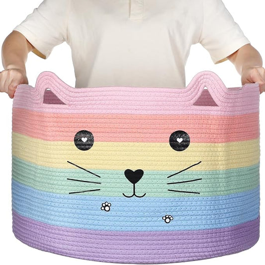 Zopeal Cat Basket Storage Woven Organizer with Ears Christmas Decorative Pet Toy Cute Cotton Rope Basket for Gift Cat Dog Toy Bin Nursery Room(21.7 x 13.8 Inch,Macaron Color)