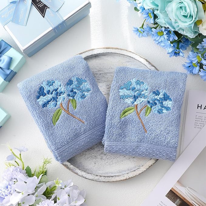 2 Pcs Hydrangea Hand Towels Blue Hydrangea Floral Bathroom Decor 14x29 Inch Embroidered 100% Cotton Soft Absorbent Spring Summer Decorative Flowers Hand Towels for Bathroom Kitchen