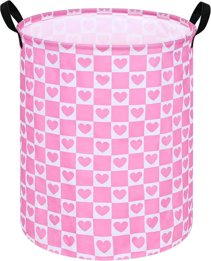 19.7 Inch Round Pink Valentine's Day Laundry Clothes Hamper Laundry Basket with Handles,Storage Organizer Bins Laundry Gift Basket for Room, Bedroom Decor (Pink Heart)