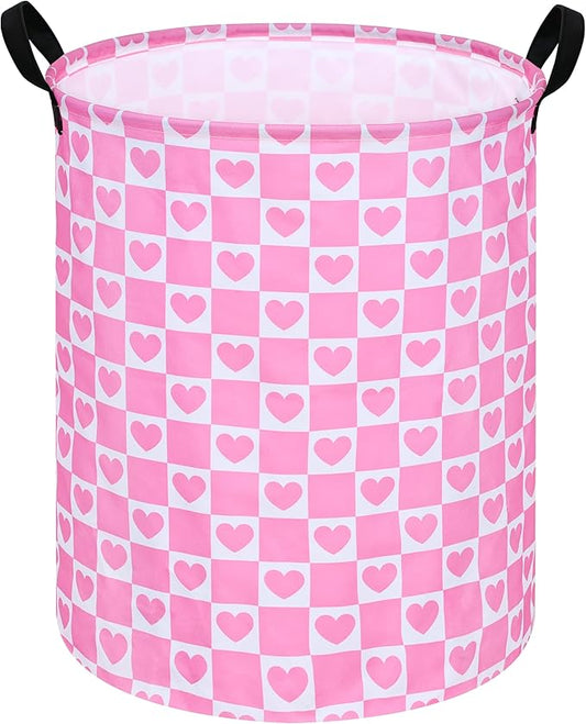 19.7 Inch Round Pink Valentine's Day Laundry Clothes Hamper Laundry Basket with Handles,Storage Organizer Bins Laundry Gift Basket for Room, Bedroom Decor (Pink Heart)