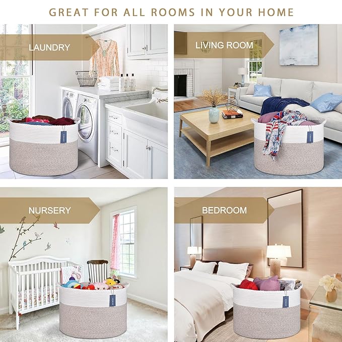 COMSE Extra Large Blanket Basket, Woven Laundry Basket, 21.7”x 13.8”, Nursery Hamper, Cotton Rope Laundry Hamper Living Room for Storage Toys Clothes Towels (White & Light Brown)