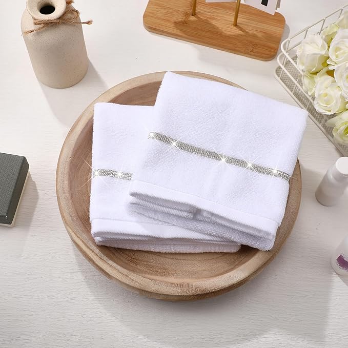 2 Pcs White Sparkling Hand Towels with Rhinestones for Bathroom 100% Cotton Glitter Soft Elegant Hand Bath Towels Absorbent Machine Washable for Spa Yoga Hotel Sport, 29.5" x 13.8"